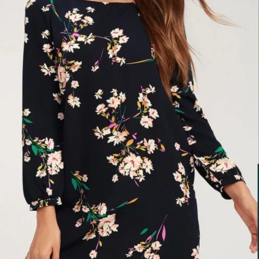 Lulu’s Herbaceous Babe Navy Floral Print Shift Dress S